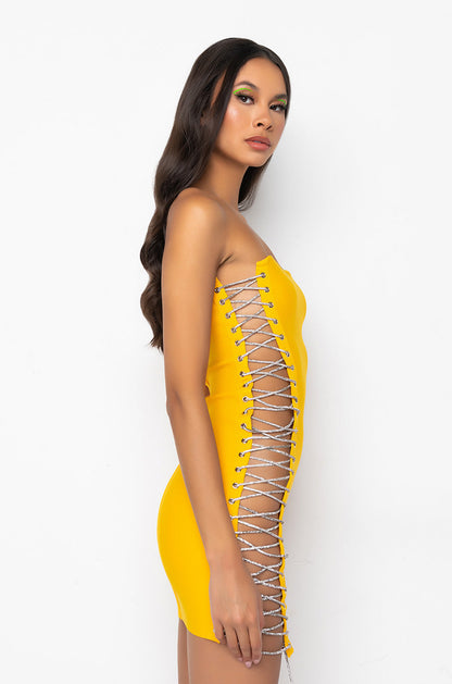 ALL THE RIGHT PLACES BANDAGE MINI DRESS YELLOW