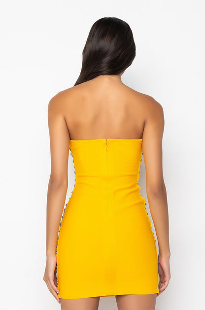 ALL THE RIGHT PLACES BANDAGE MINI DRESS YELLOW