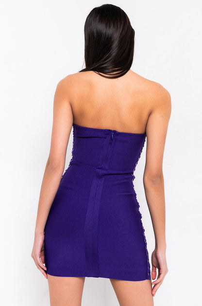 ALL THE RIGHT PLACES BANDAGE MINI DRESS BLACK PURPLE