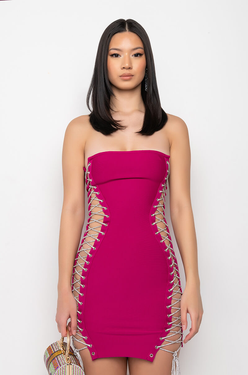 ALL THE RIGHT PLACES BANDAGE MINI DRESS DARK PINK