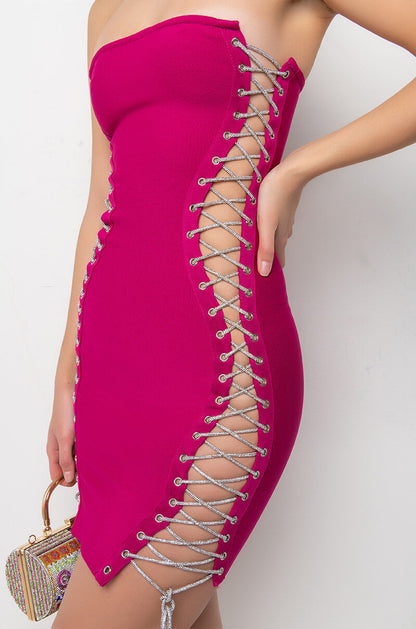 ALL THE RIGHT PLACES BANDAGE MINI DRESS DARK PINK