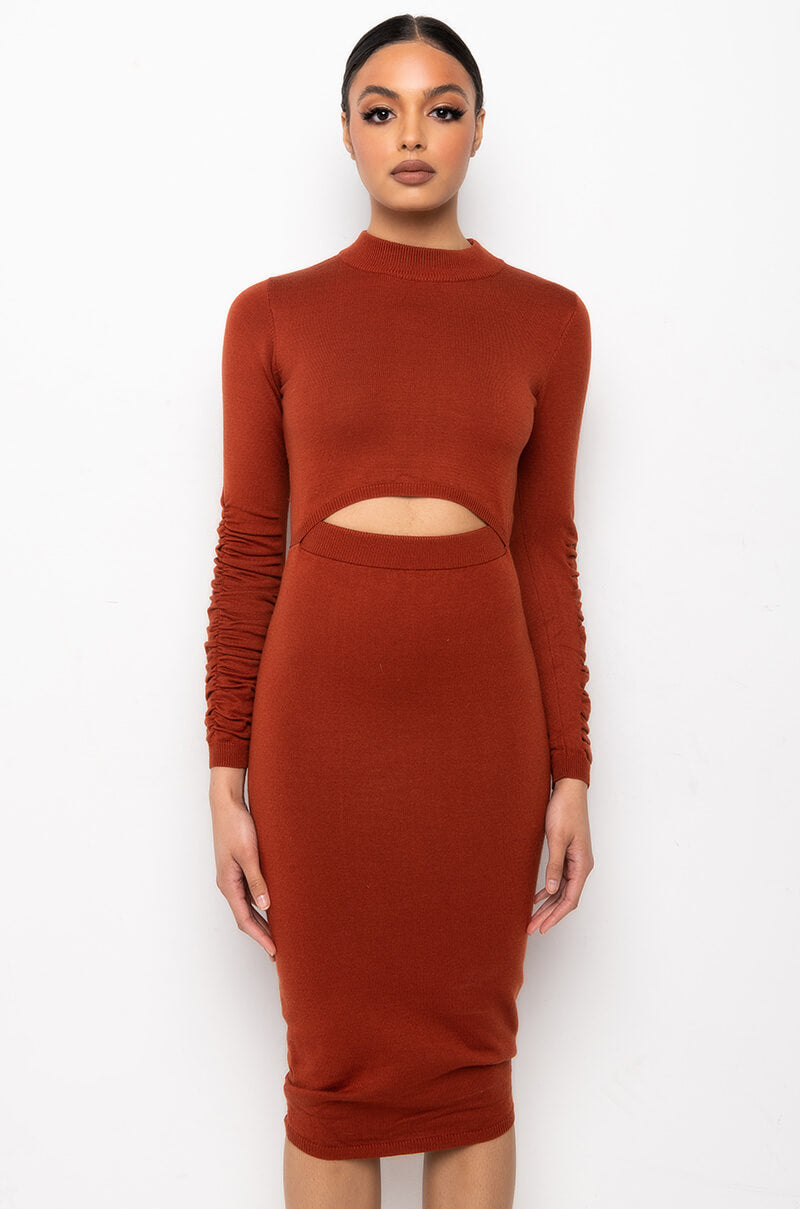 ALL THE RIGHT PLACES RUCHED BACK SWEATER DRESS rust