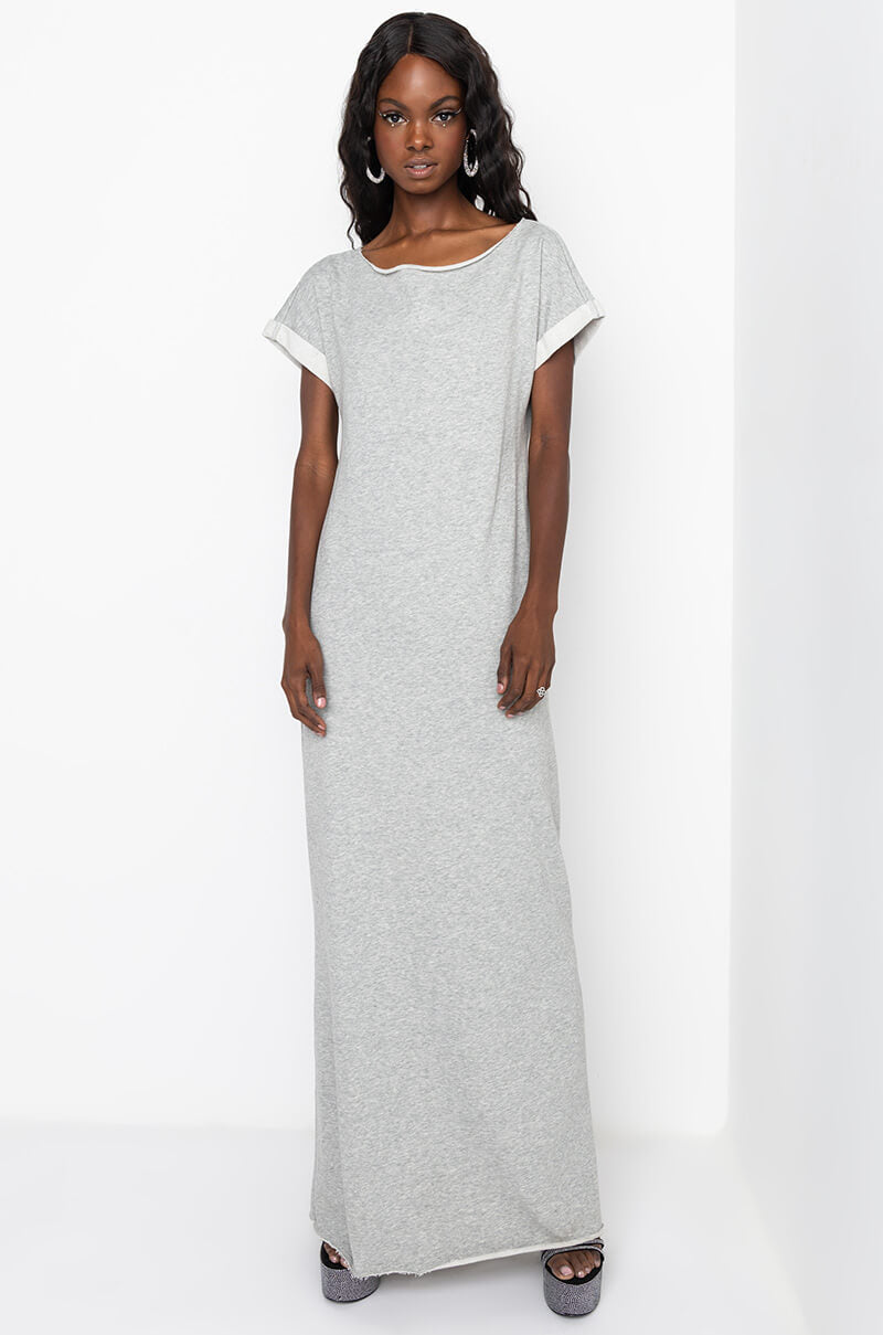ALL THIS MAXI DRESS WITH DISTRESSED BACK HEATHER GREY