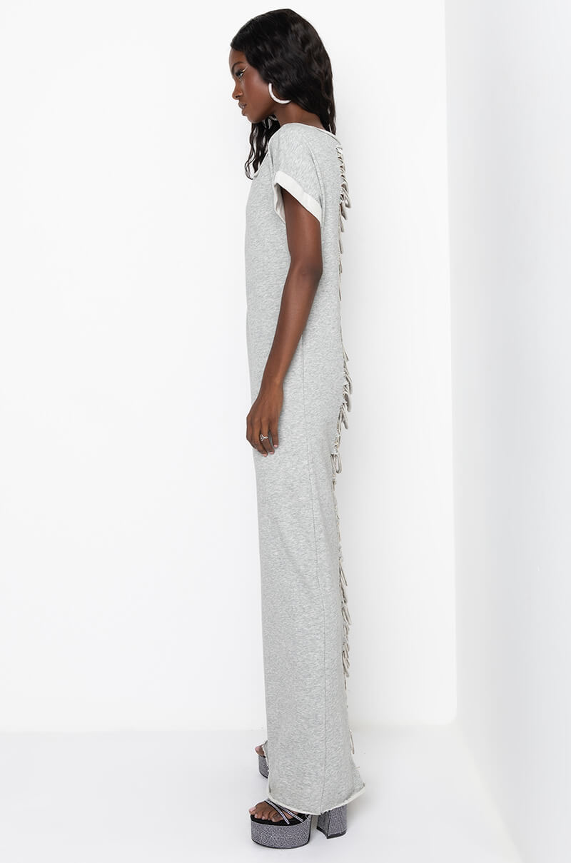 ALL THIS MAXI DRESS WITH DISTRESSED BACK HEATHER GREY