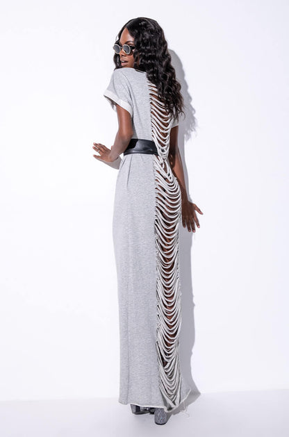ALL THIS MAXI DRESS WITH DISTRESSED BACK HEATHER GREY