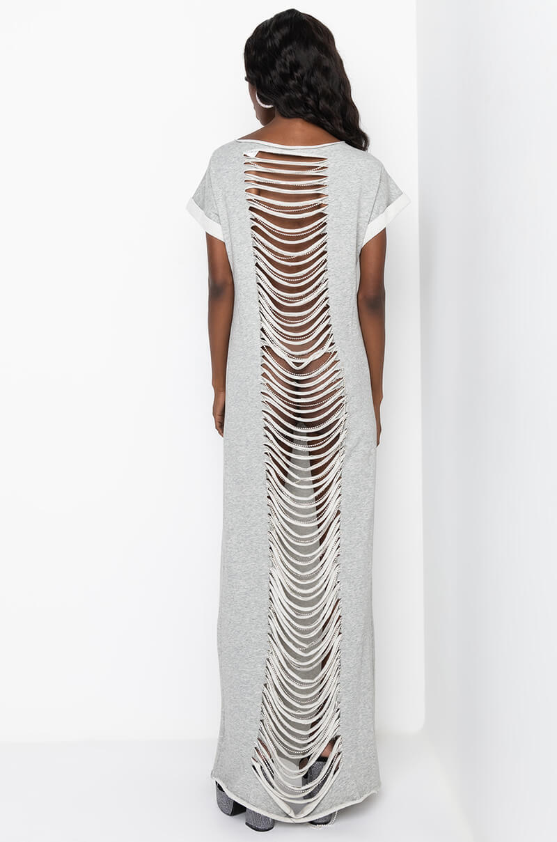 ALL THIS MAXI DRESS WITH DISTRESSED BACK HEATHER GREY
