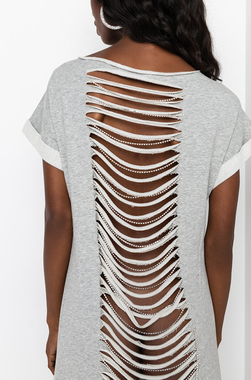 ALL THIS MAXI DRESS WITH DISTRESSED BACK HEATHER GREY