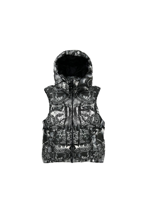 P623 POLY SNAP OFF HOOD PUFFER VEST - Black Multi